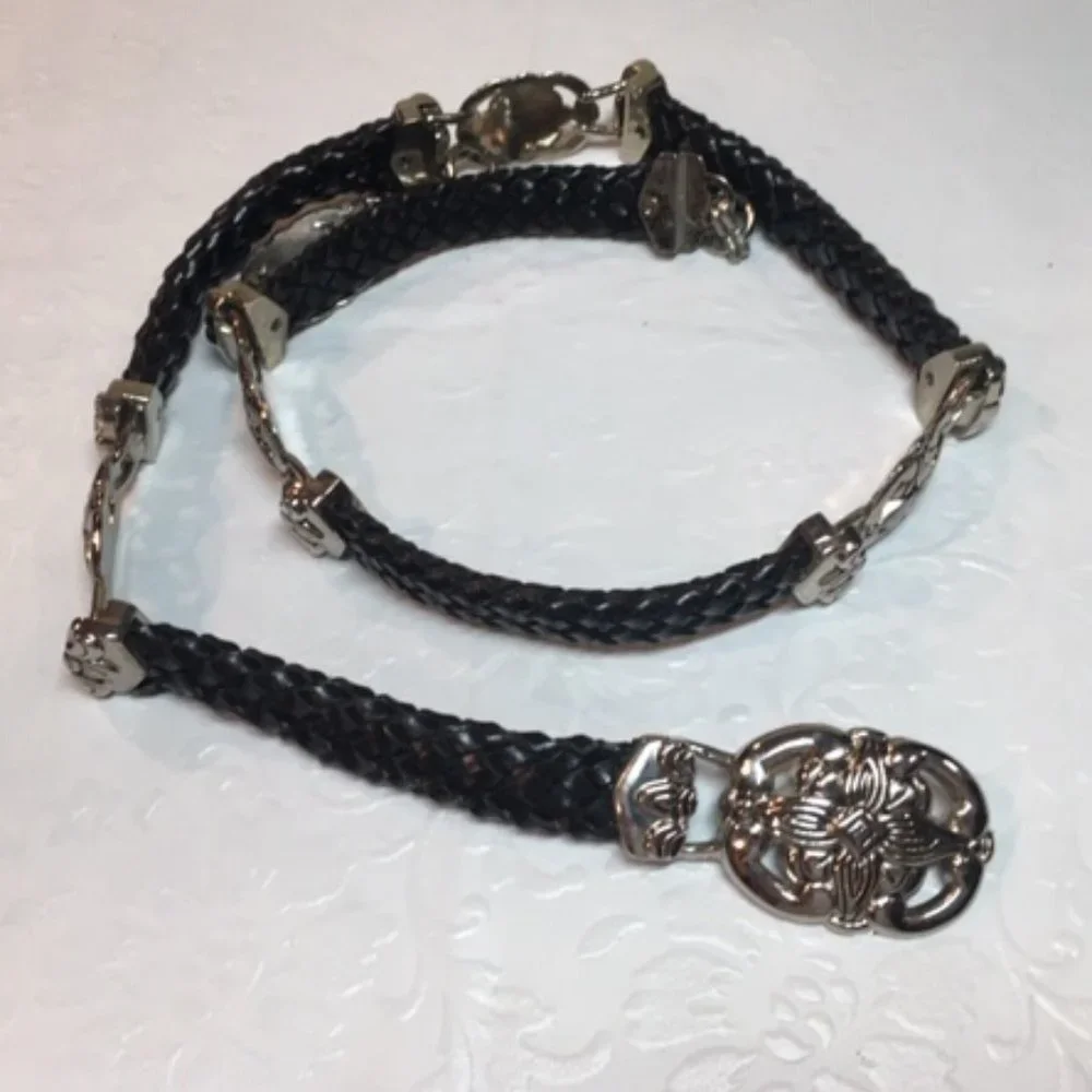 Braided Leather Navy w/ Floral Silver Toned Ornaments Belt Small